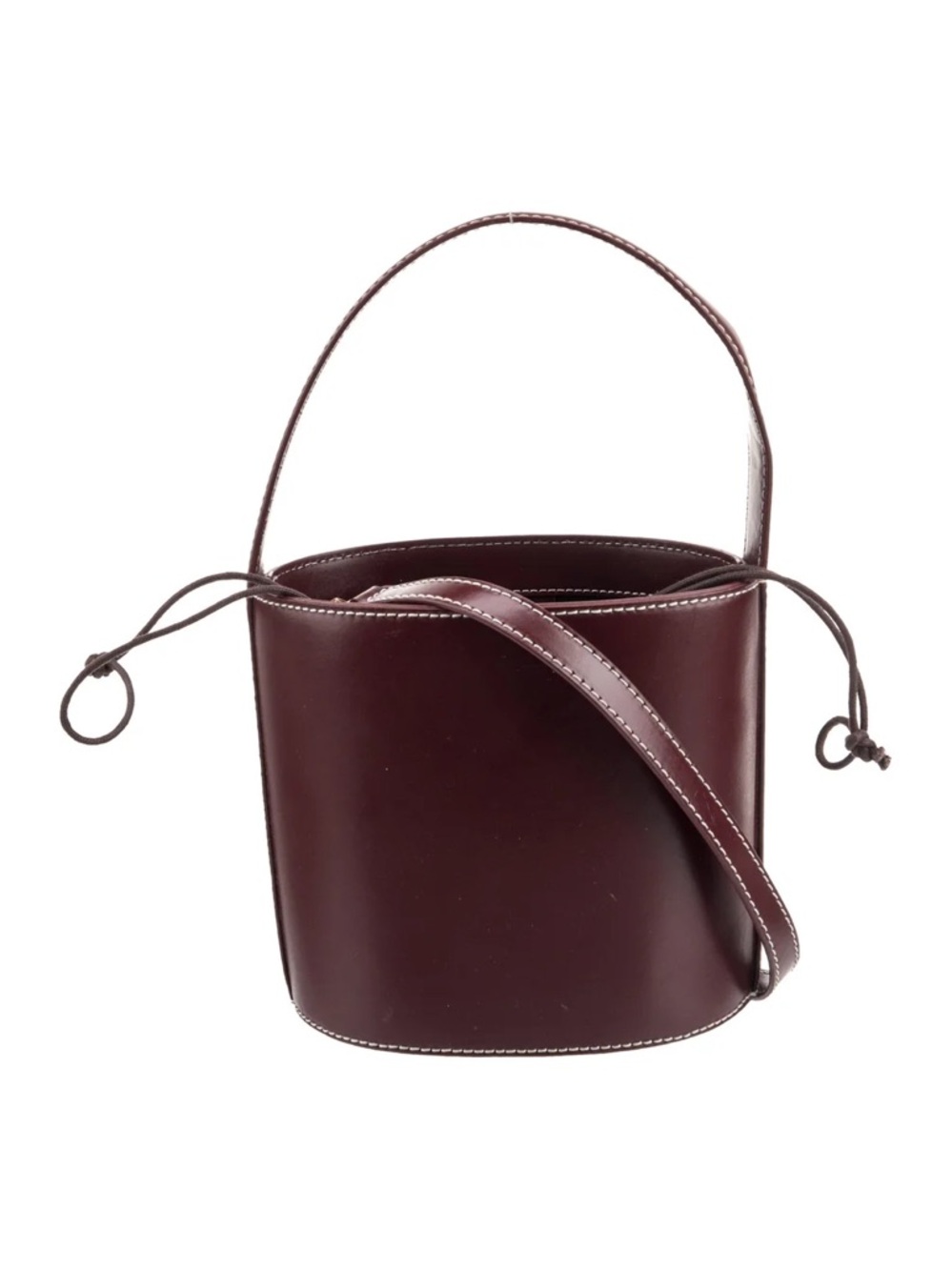 STAUD Burgundy Leather Bucket Bag with Contrast Stitching